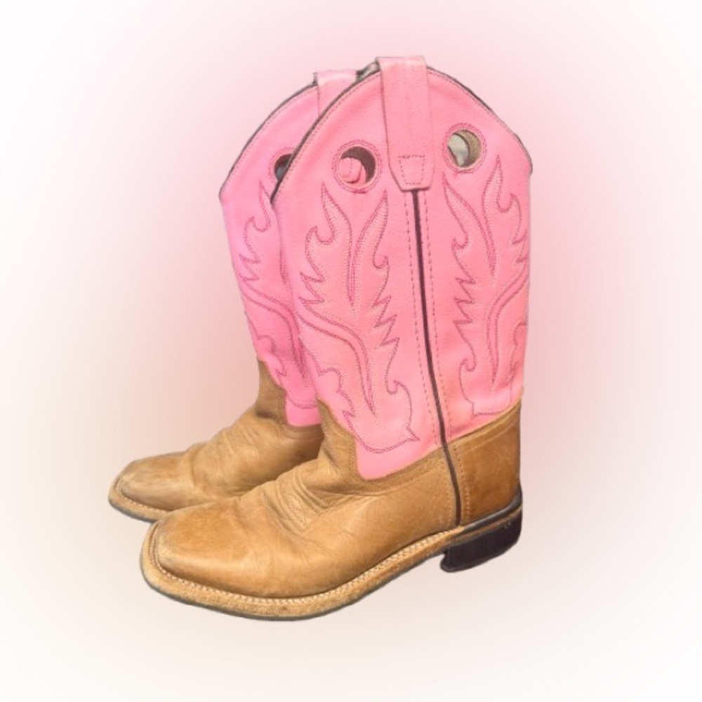 Old West Youth Leather Western Boots• Pink & Tan-Size 3.5 Youth Girls